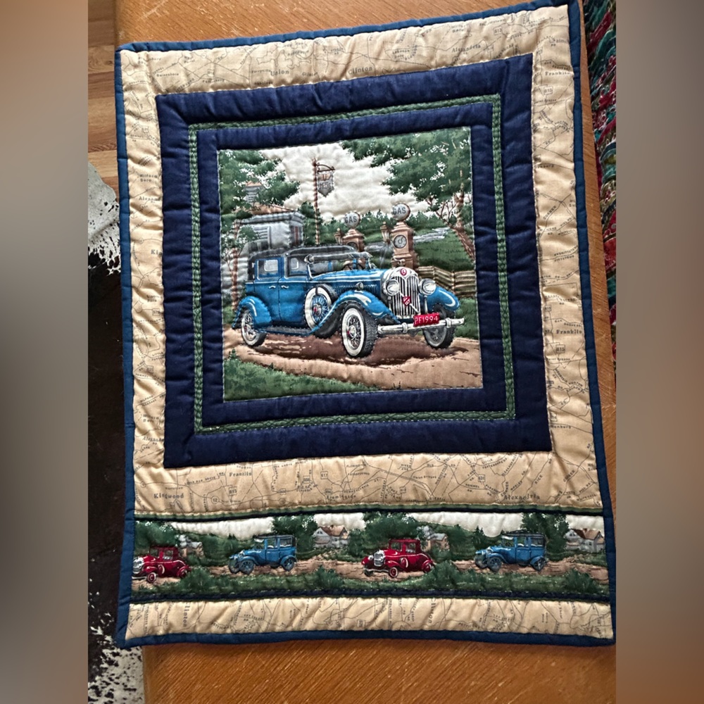 Vintage Car Themed Quilt with Blue Accents